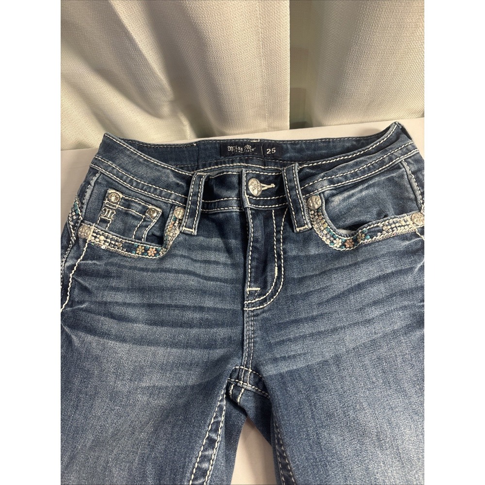 Miss Me Jeans Womens 25x24 Midrise Capri Studded Flowers Y2K Rhinestone Straight - Picture 4 of 9